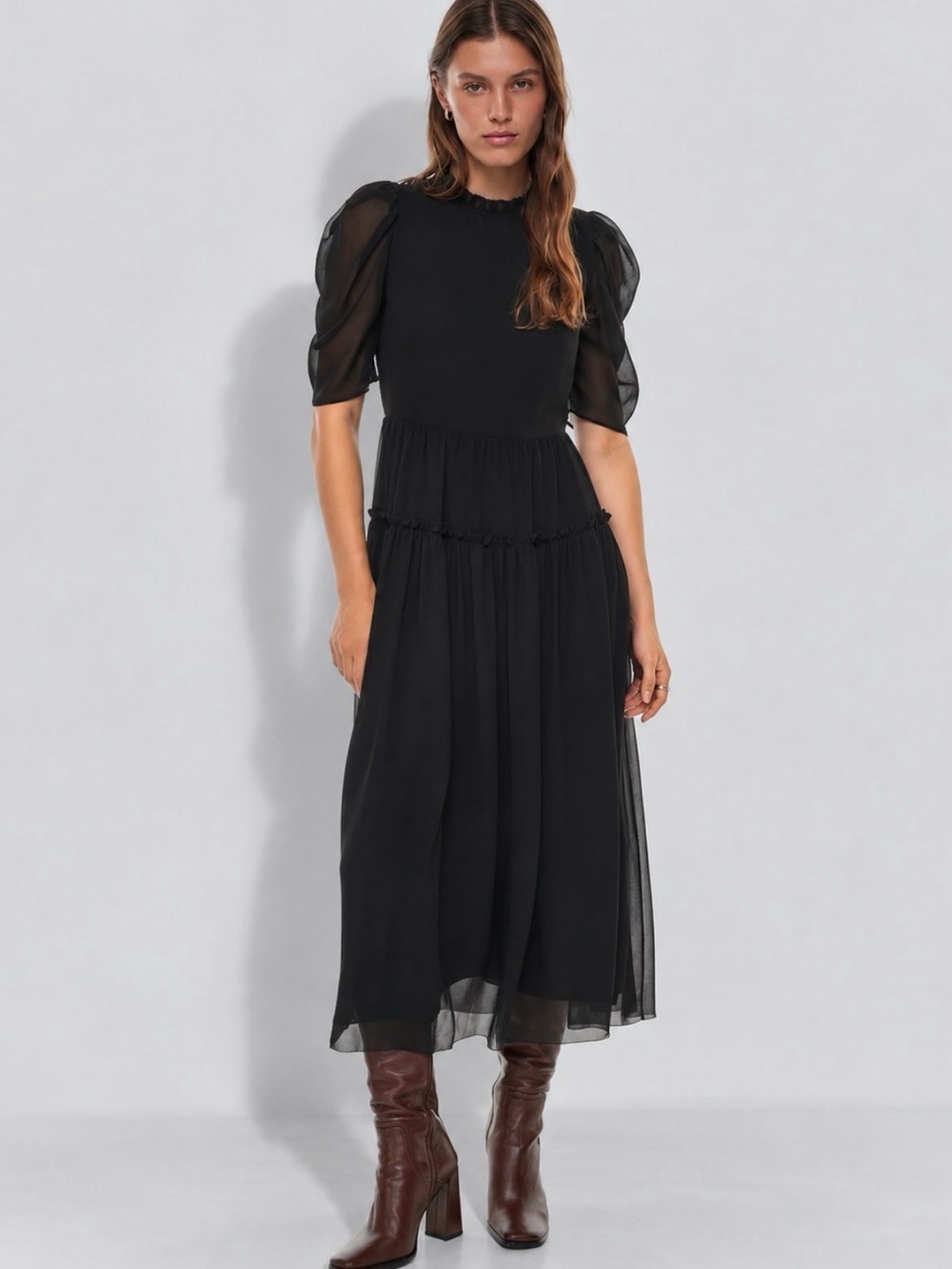 Aritzia WILFRED Parlour Black Chiffon Ruffle Midi Dress Size 8